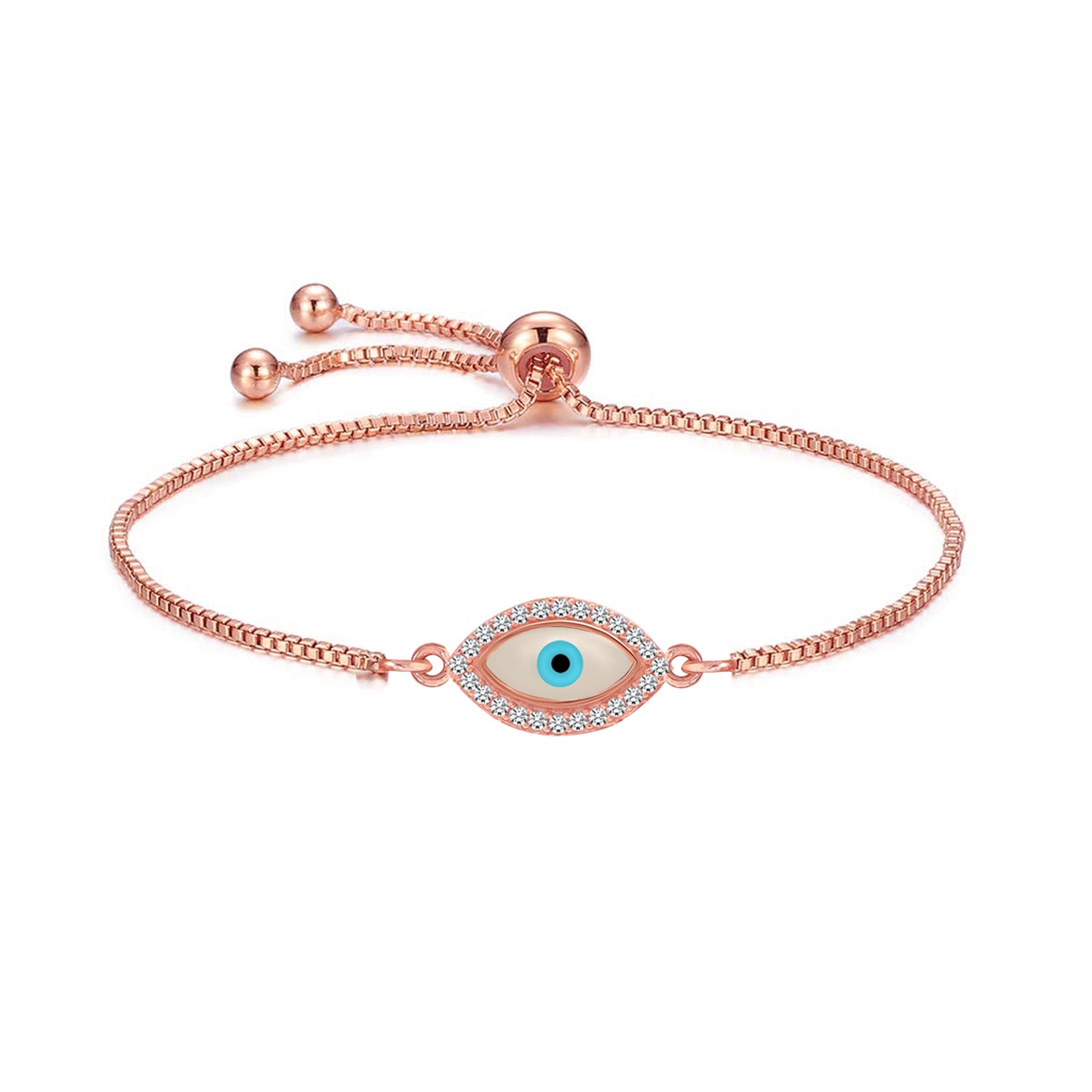 925 Sterling Silver 14K Rose-Gold Plated Cubic Zirconia Protection Turkish Evil Eye Pave Adjustable Bolo Bracelet for Women