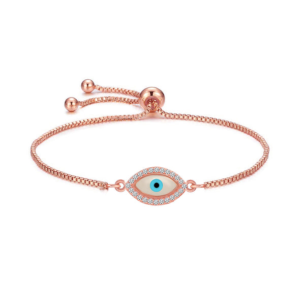 925 Sterling Silver 14K Rose-Gold Plated Cubic Zirconia Protection Turkish Evil Eye Pave Adjustable Bolo Bracelet for Women