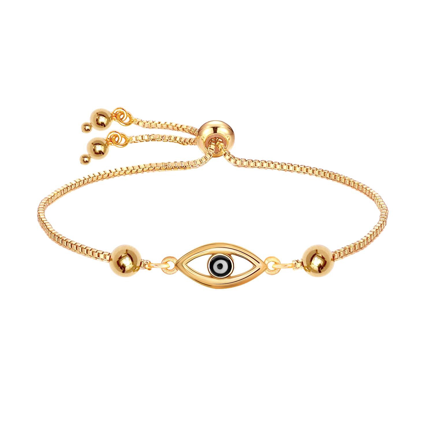 925 Sterling Silver 14K Gold-Plated Evil Eye Adjustable Bolo Bracelet for Women Teen