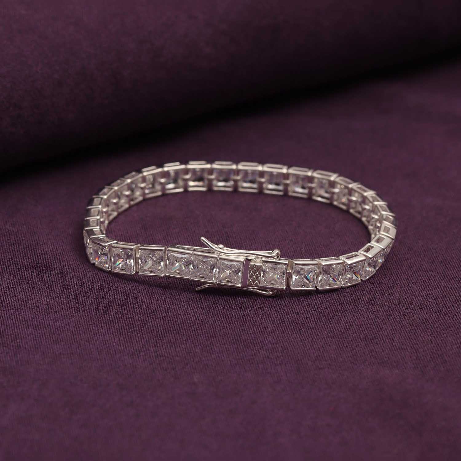 925 Sterling Silver Cubic Zirconia Square Princess Cut Tennis Bracelet for Women