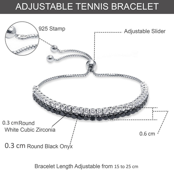 925 Sterling Silver Classic Black and White Cubic Zirconia Tennis Adjustable Bolo Bracelet for Women