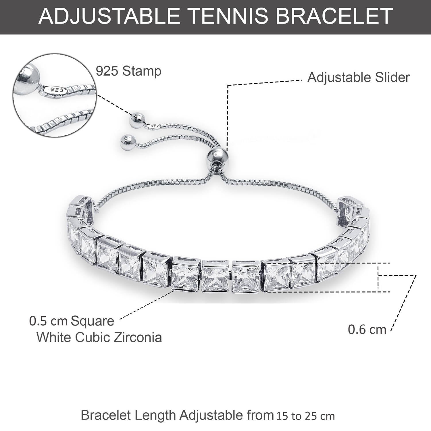 925 Sterling Silver Cubic Zirconia Sparkling Square Tennis Adjustable Bolo Bracelet for Women