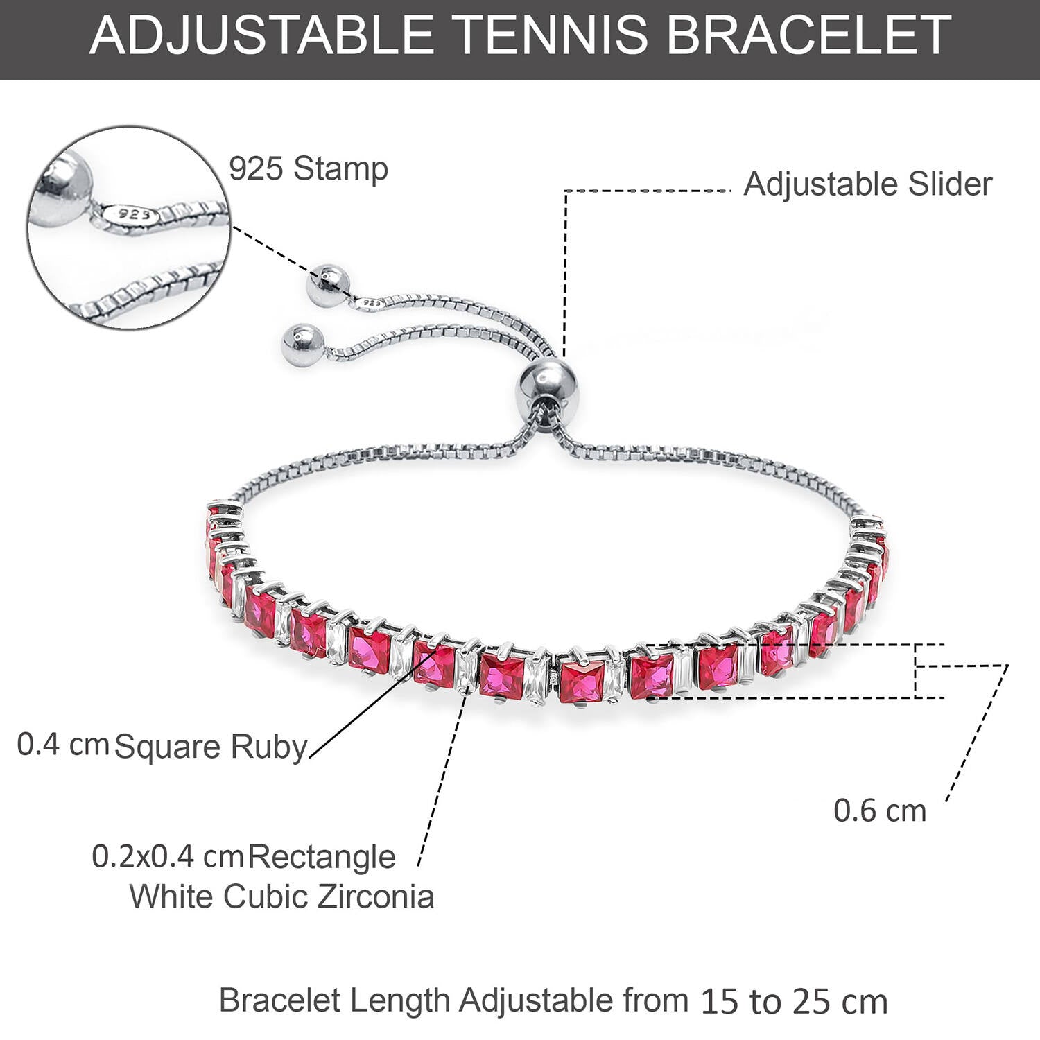 925 Sterling Silver Cubic Zirconia Tennis Ruby Birthstone Adjustable Bolo Bracelet for Women