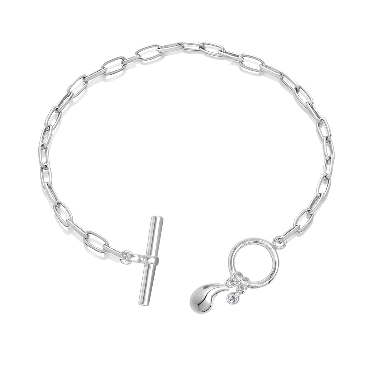 925 Sterling Silver Italian Paper Clip Link Chain Bracelet with Water Drop & Bezel-Set CZ Charm for Women