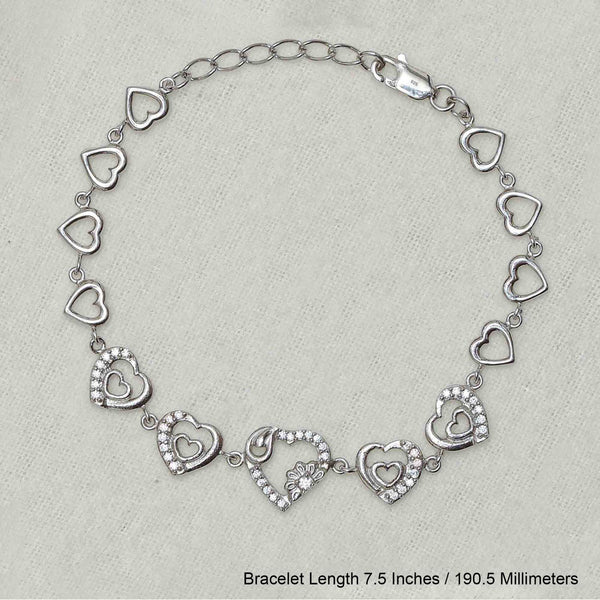 925 Sterling Silver Designer Cz Heart Bracelet for Women and Girls 7.5 Inches