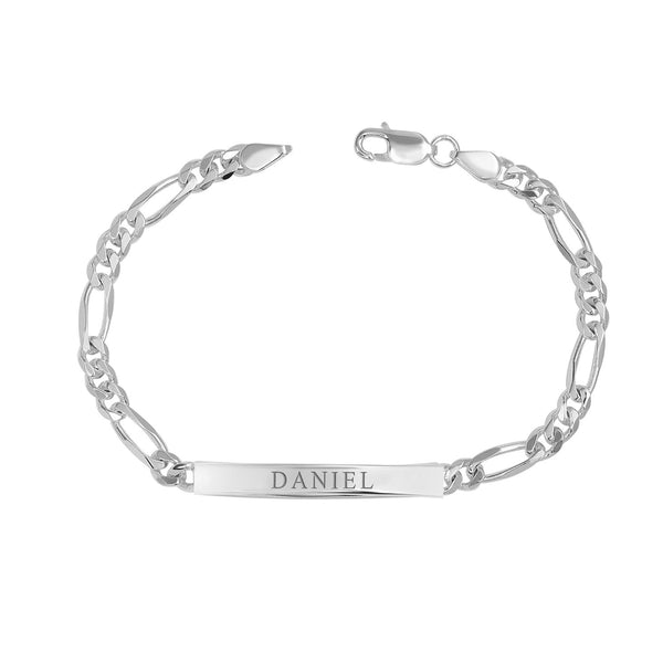 Personalised 925 Sterling Silver Engraved Name Figaro Chain Bracelet for Men and Boys