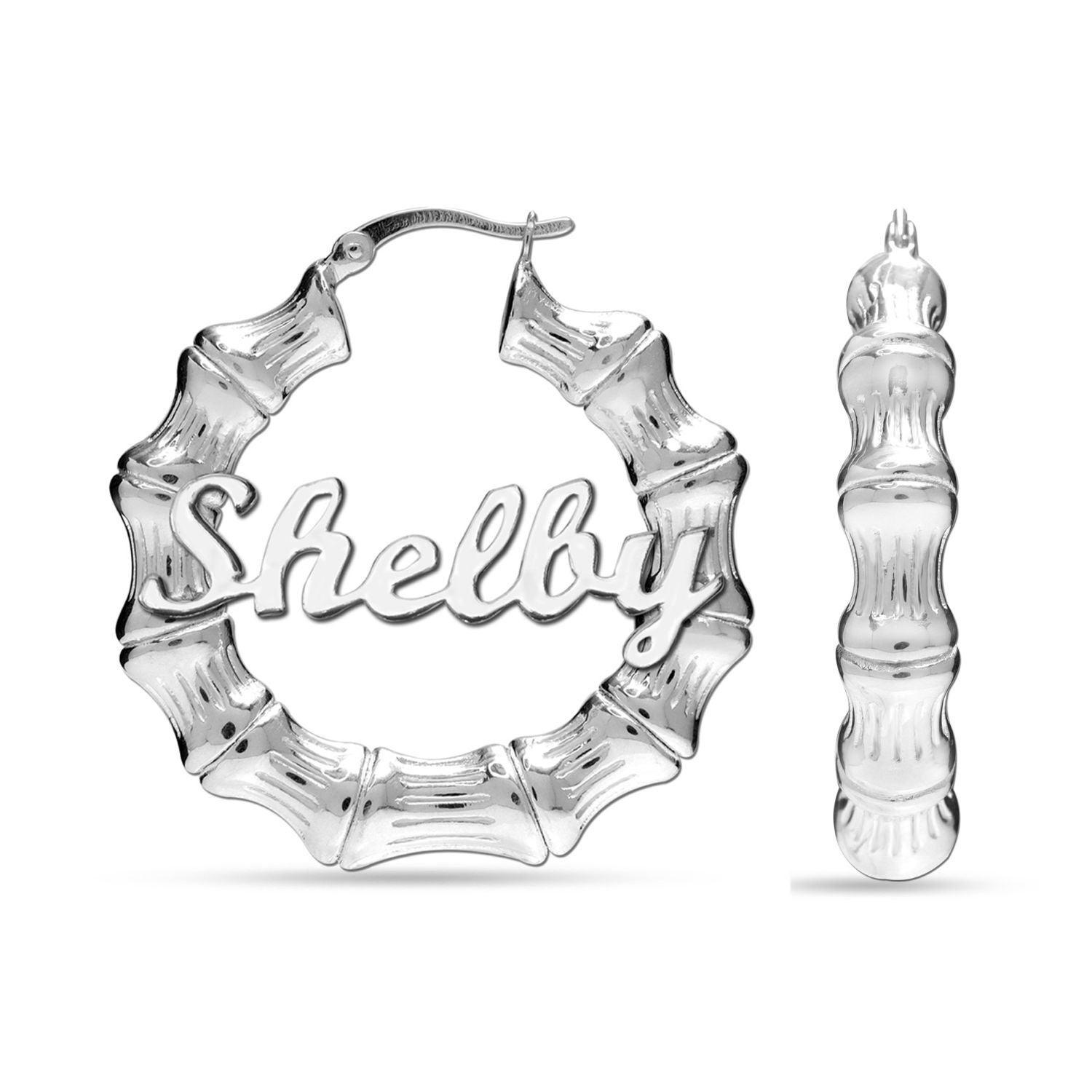 Personalised Customised 925 Sterling Silver Bamboo Name Hoop Earrings for Women and Girls