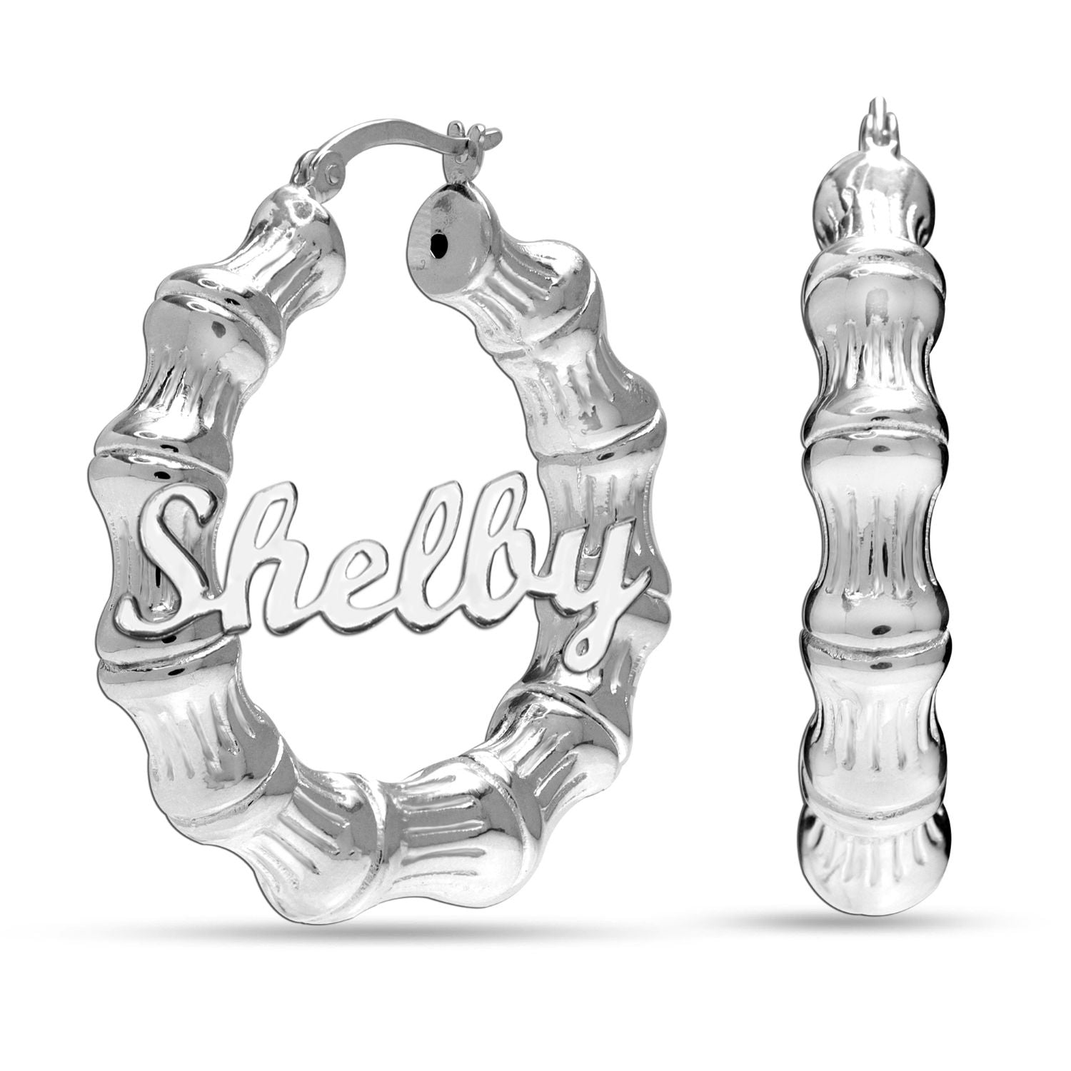 Personalised Customised 925 Sterling Silver Bamboo Name Hoop Earrings for Women and Girls