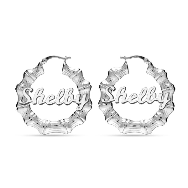 Personalised Customised 925 Sterling Silver Bamboo Name Hoop Earrings for Women and Girls