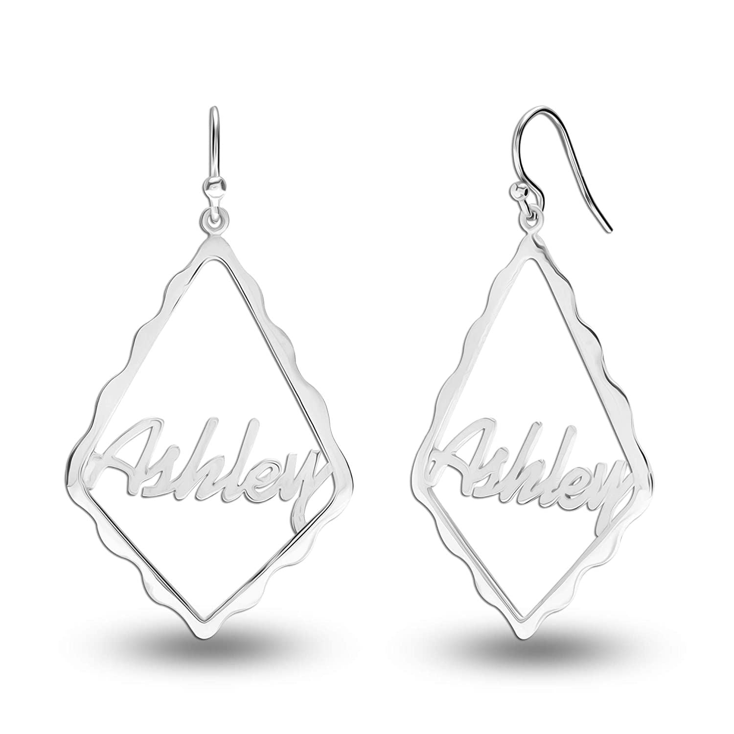 Personalised 925 Sterling Silver Name Rhombus Shape Earring for Teen Women