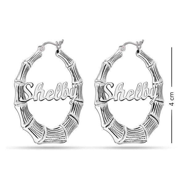 Personalised 925 Sterling Silver Tone Bamboo Name Hoop Earrings for Teen Women 40 MM