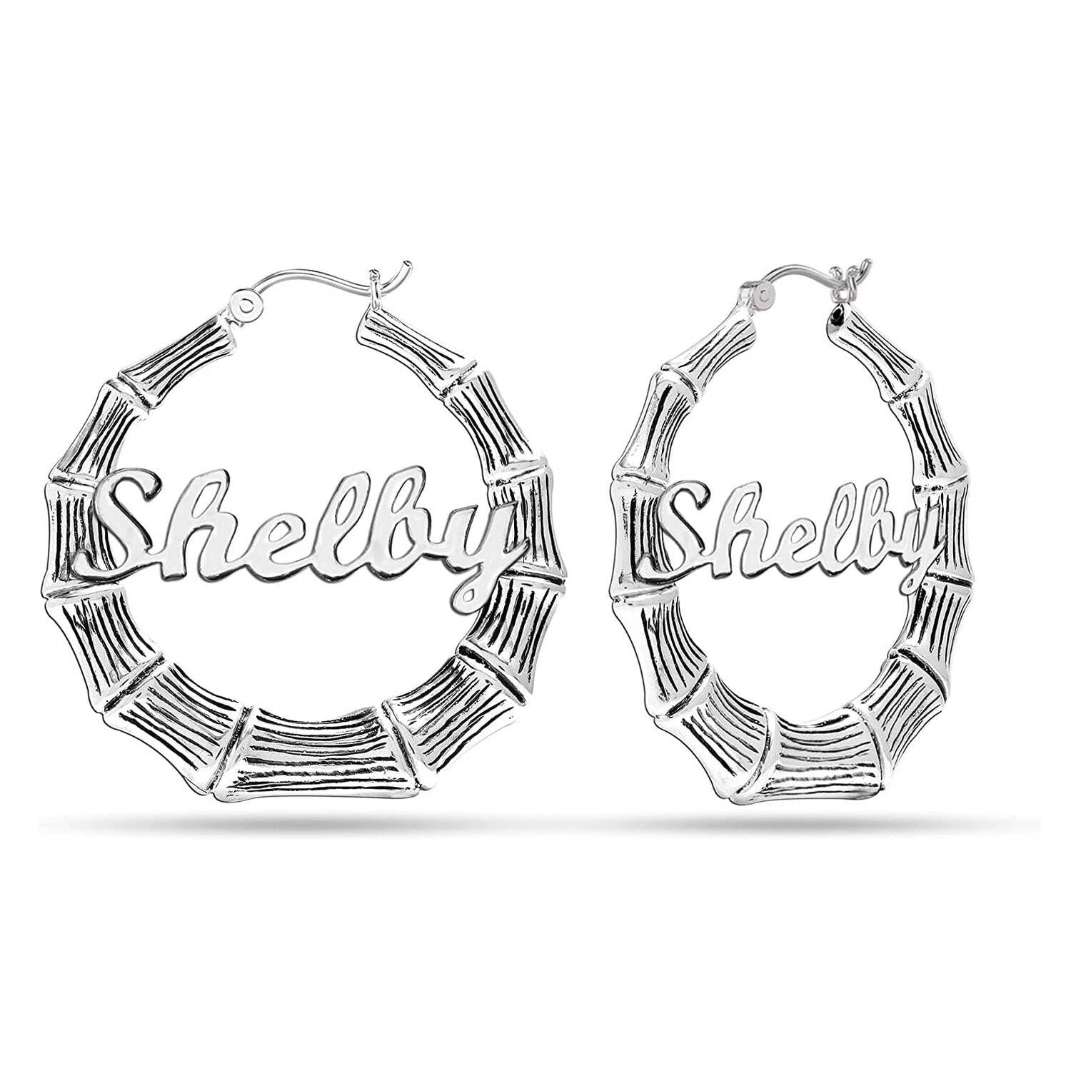 Personalised 925 Sterling Silver Tone Bamboo Name Hoop Earrings for Teen Women 40 MM