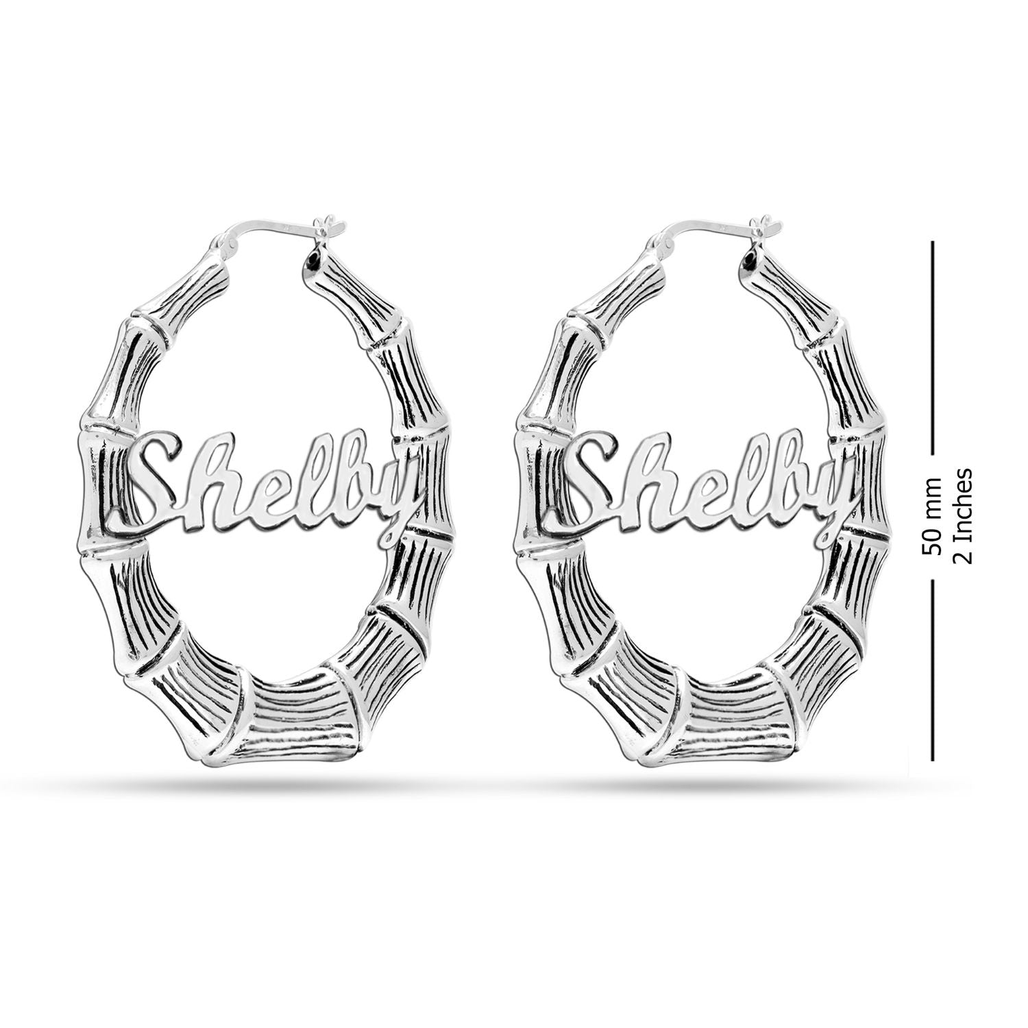 Personalised 925 Sterling Silver Tone Bamboo Name Hoop Earrings for Teen Women