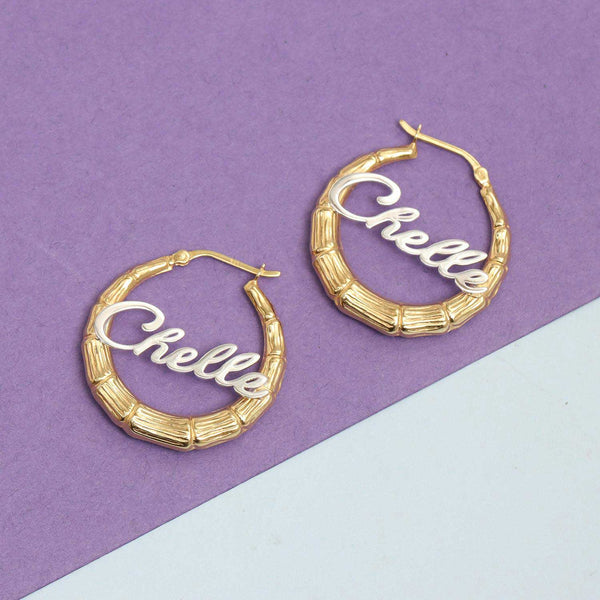 Personalised 925 Sterling Silver Tone Bamboo Name Hoop Earrings for Teen Women