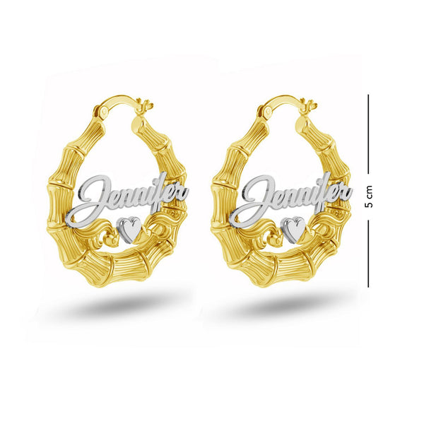 Personalised Customised 925 Sterling Silver Two-Tone Bamboo Heart Name Hoop Earrings for Women