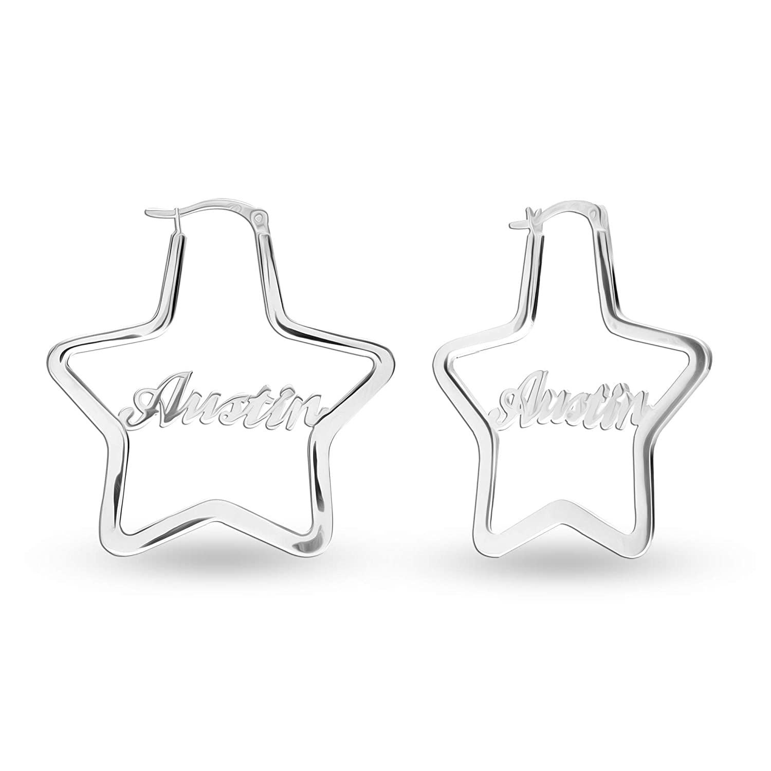 Personalised Customized 925 Sterling Silver Name Star Hoop Earrings for Teen Women