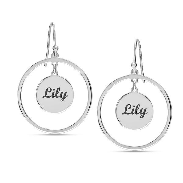 Personalised 925 Sterling Silver Engraved Name Double Circle Drop Earrings for Women