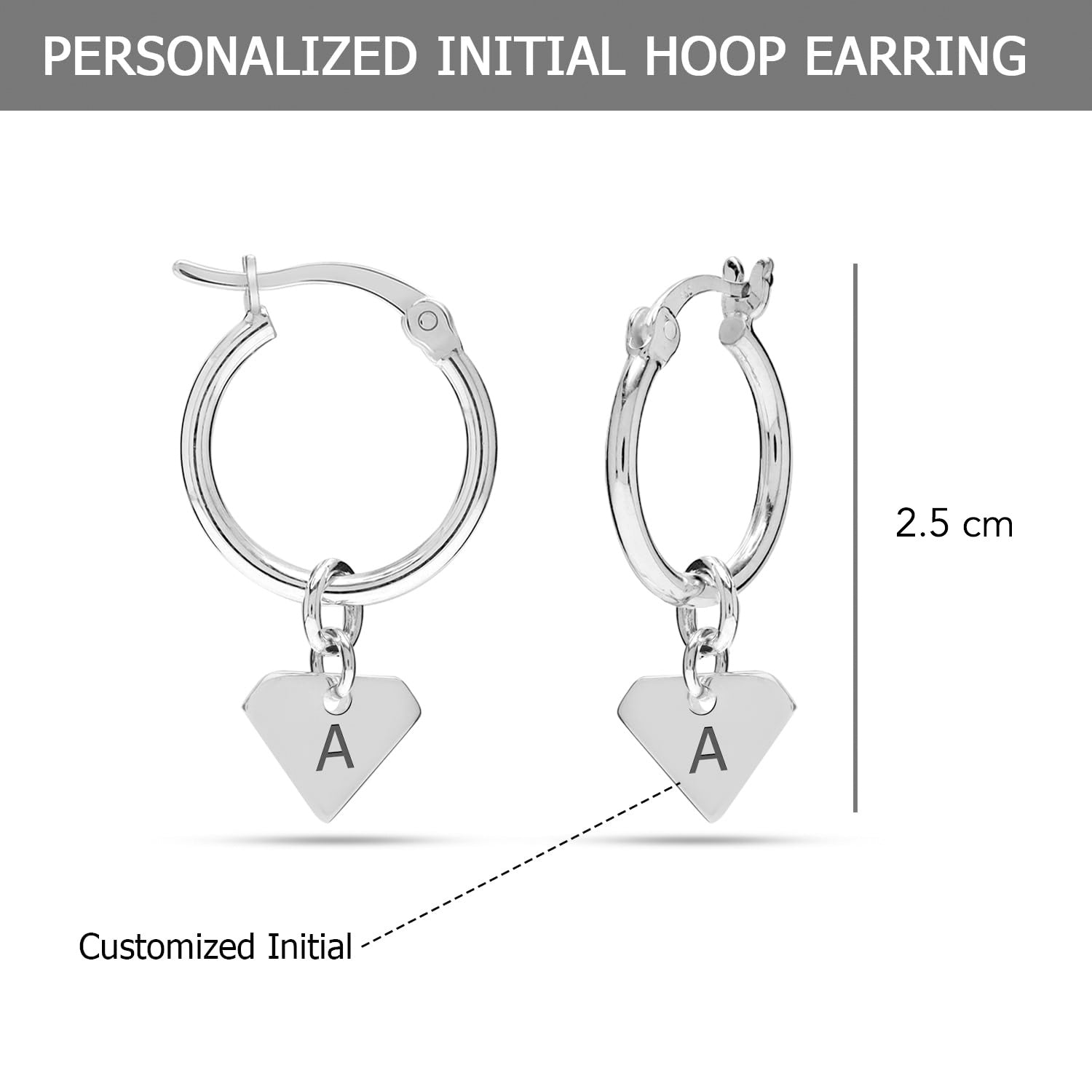 Personalised 925 Sterling Silver Unique Diamond Shape Hoop Earring for Women