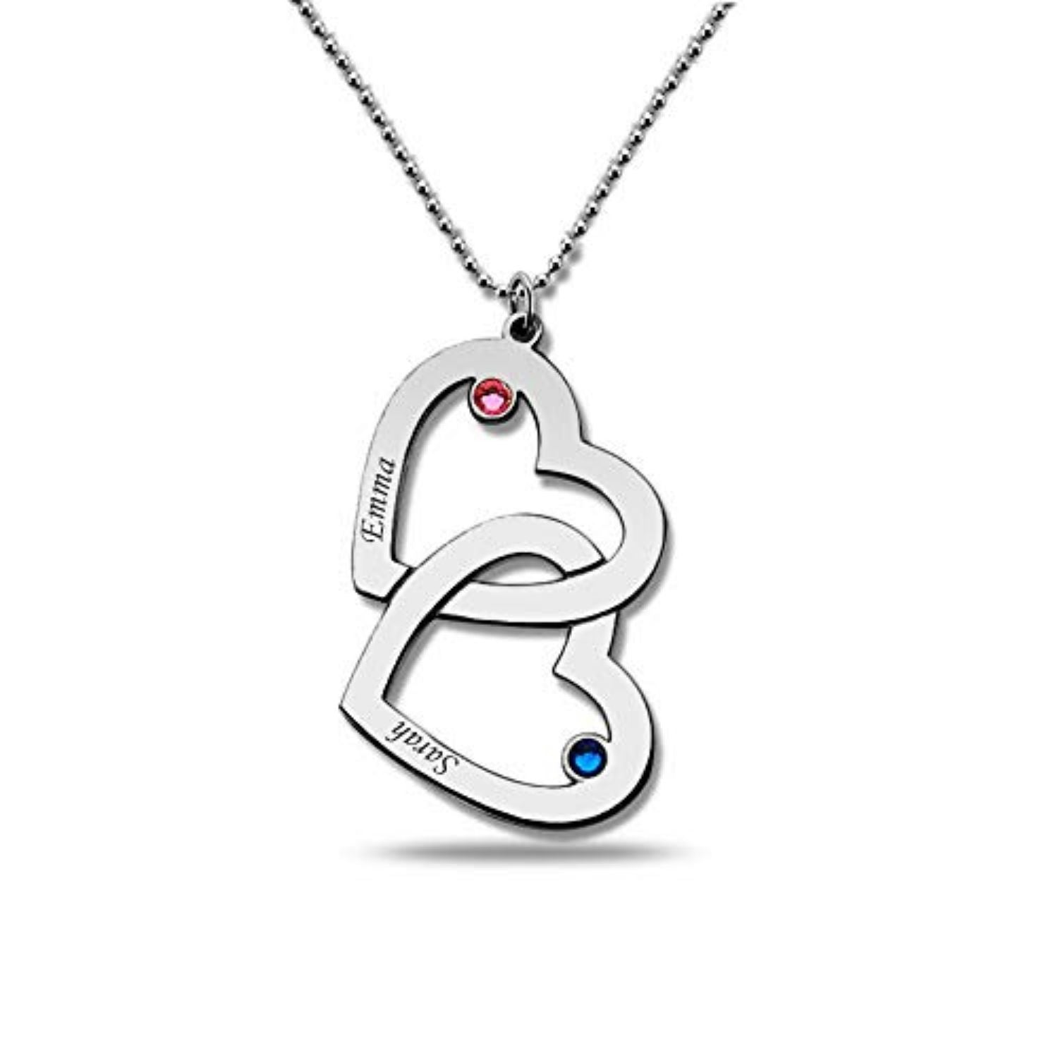 Personalised 925 Sterling Silver Interlocking Heart Birthstone Couple Necklace with Personalised Photo & Message BOX for Teen Women