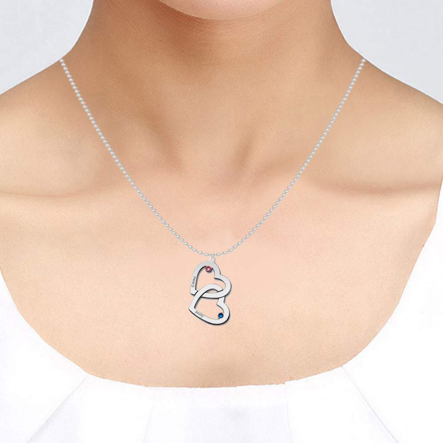 Personalised 925 Sterling Silver Interlocking Heart Birthstone Couple Necklace for Teen Women