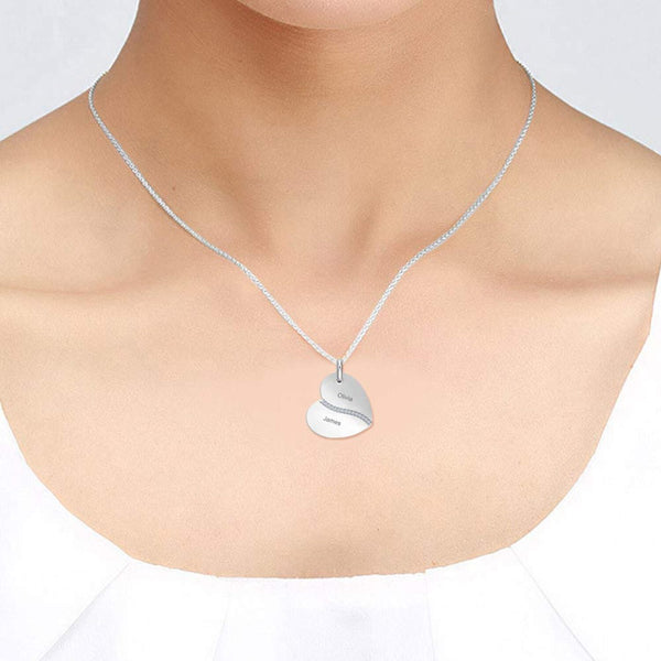 Personalised 925 Sterling Silver Engraved Couple Heart Name Necklace with Personalised Message BOX for Women