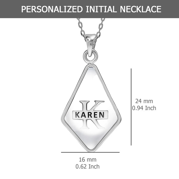 925 Sterling Silver Personalised Monogram Name Letter Rhombus Shape Custom Initial Alphabet Transparent Resin Pendant Necklace for Teen Women