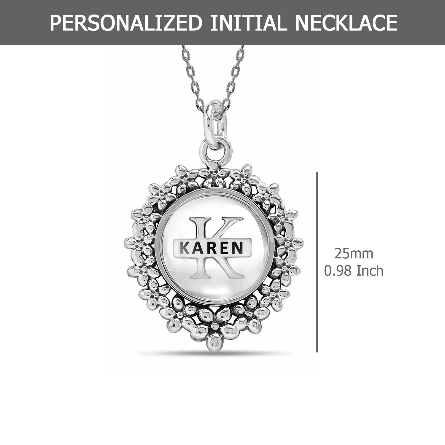 925 Sterling Silver Personalised Monogram Name Round Shape Custom Initial Antique Finish Flower Transparent Resin Pendant Necklace for Teen Women