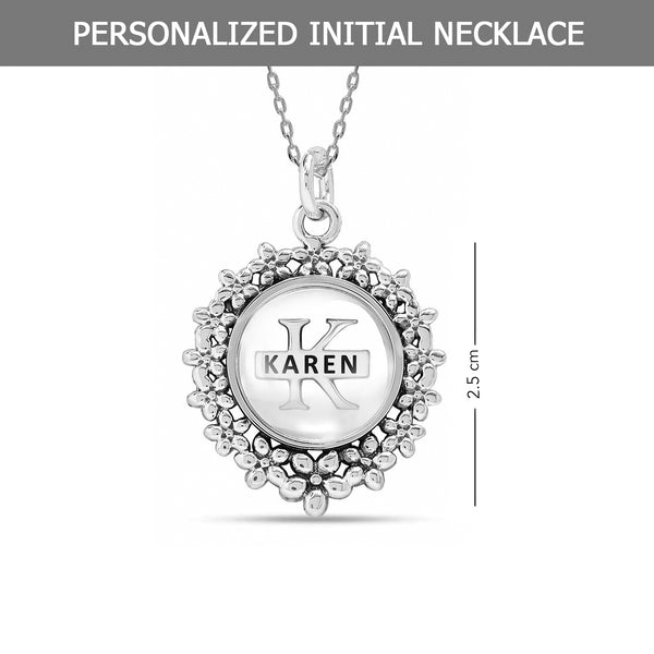 925 Sterling Silver Personalised Monogram Name Round Shape Custom Initial Antique Finish Flower Transparent Resin Pendant Necklace for Teen Women