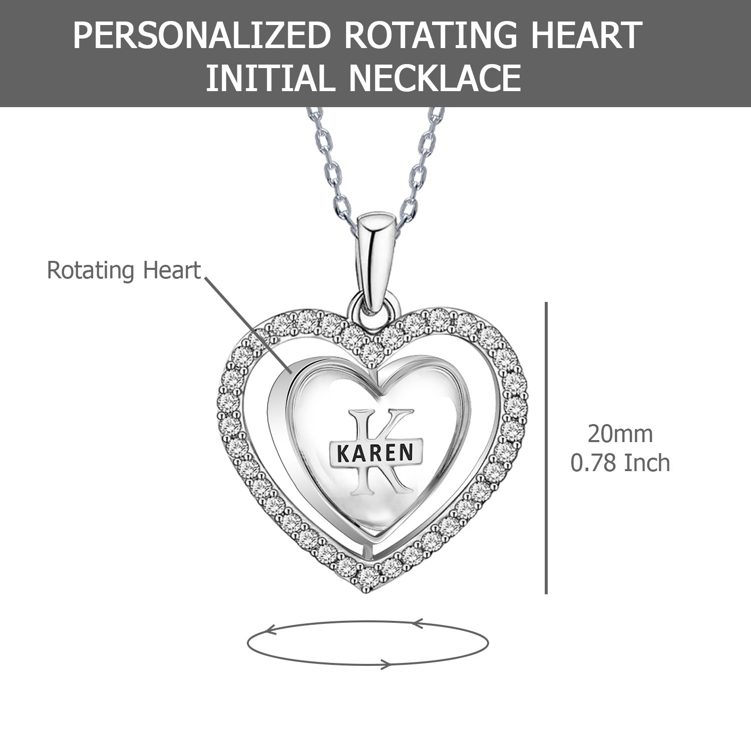 925 Sterling Silver Personalised CZ Heart Shape Rotating Custom Initial Transparent Resin Pendant Necklace for Teen Women