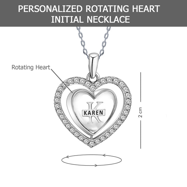 925 Sterling Silver Personalised CZ Heart Shape Rotating Custom Initial Transparent Resin Pendant Necklace for Teen Women