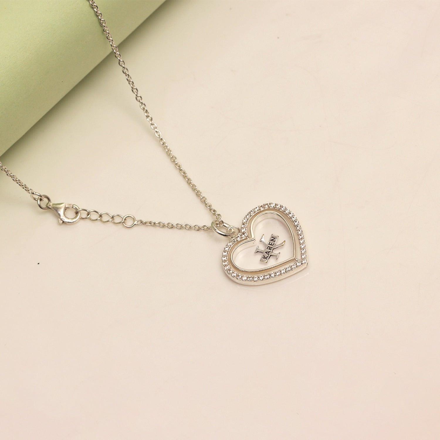 925 Sterling Silver Personalised CZ Heart Shape Rotating Custom Initial Transparent Resin Pendant Necklace for Teen Women