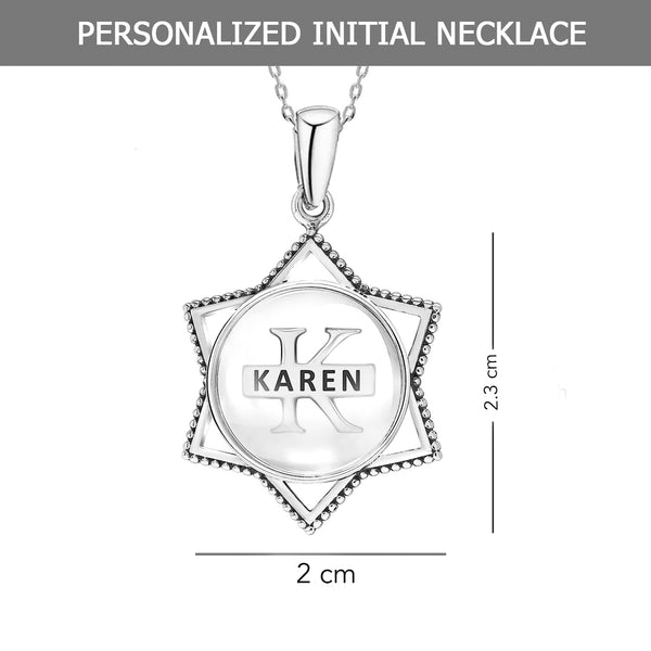 925 Sterling Silver Personalised Round Star Shape Custome Name and Initial Transparent Resin Pendant Necklace for Teen Women