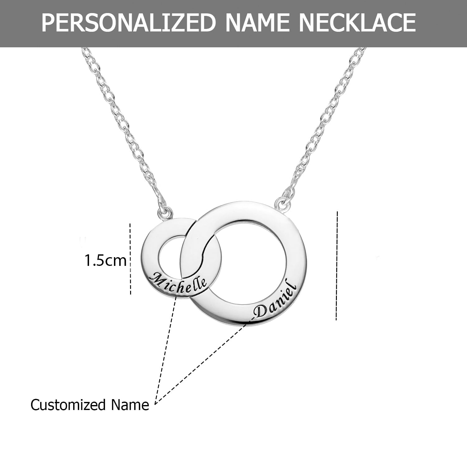 Personalised 925 Sterling Silver Interlocking Circles Name Message Necklace for Teen Women