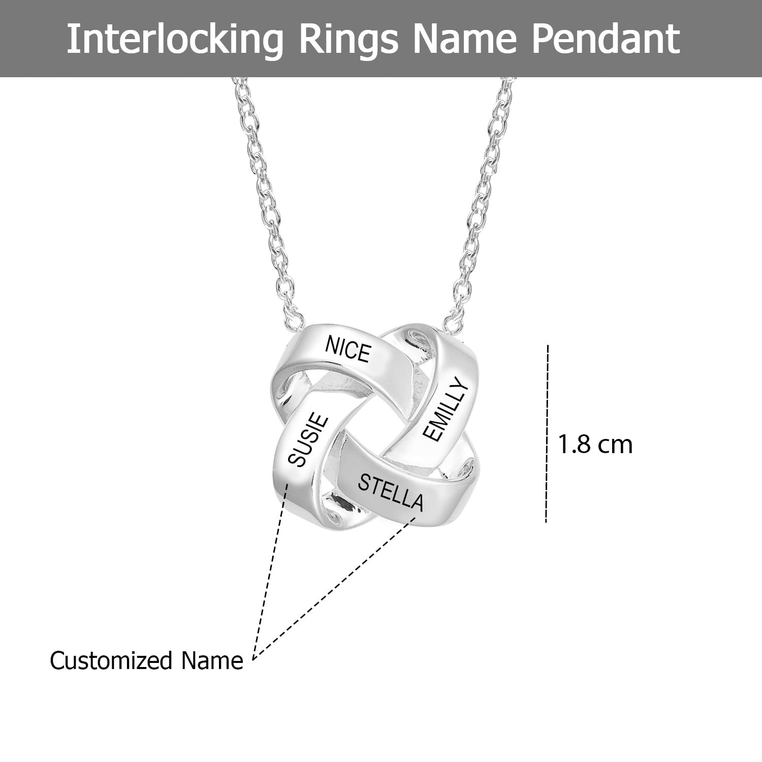 Personalised 925 Sterling Silver Interlocking Rings Name Pendant Necklace for Women