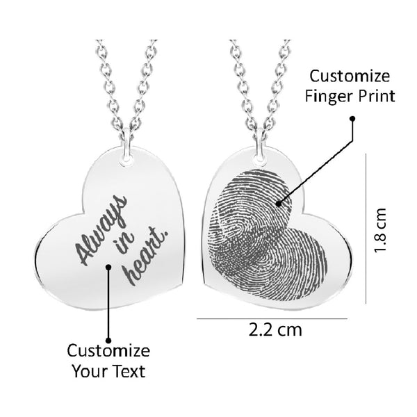 Personalised 925 Sterling Silver Eternal Bond Couple Fingerprint with Name Heart Pendant Necklace with Personalised Photo & Message BOX for Women