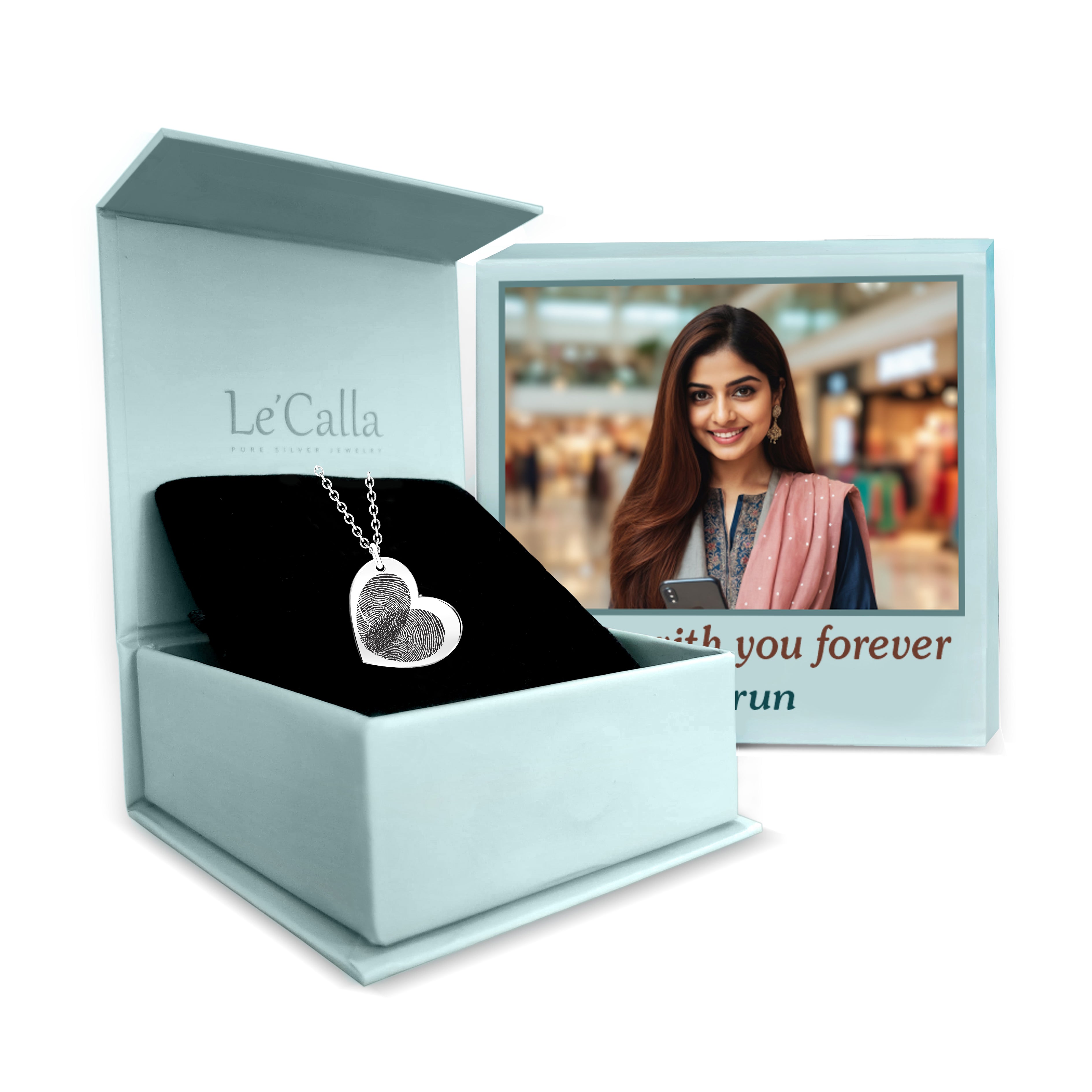 Personalised 925 Sterling Silver Eternal Bond Couple Fingerprint with Name Heart Pendant Necklace with Personalised Photo & Message BOX for Women