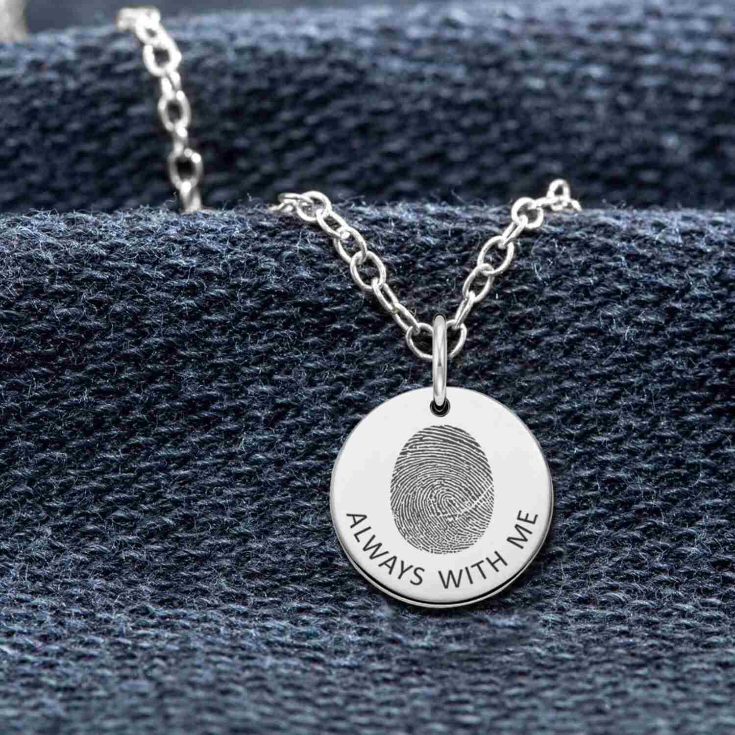 Personalised 925 Sterling Silver Engraved Round Fingerprint with Name Pendant Necklace for Women