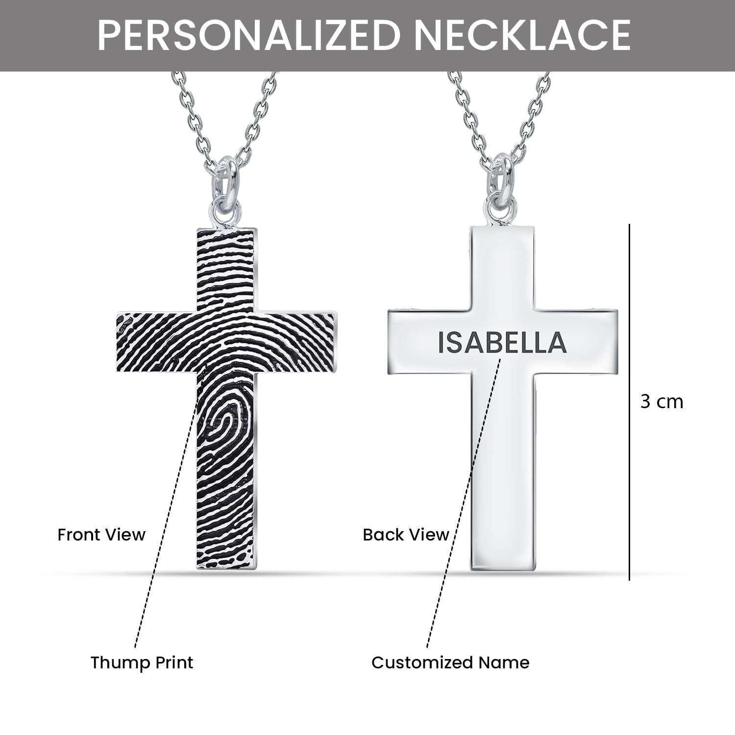 Personalised 925 Sterling Silver Engraved Fingerprint with Name Cross Pendant Necklace for Women