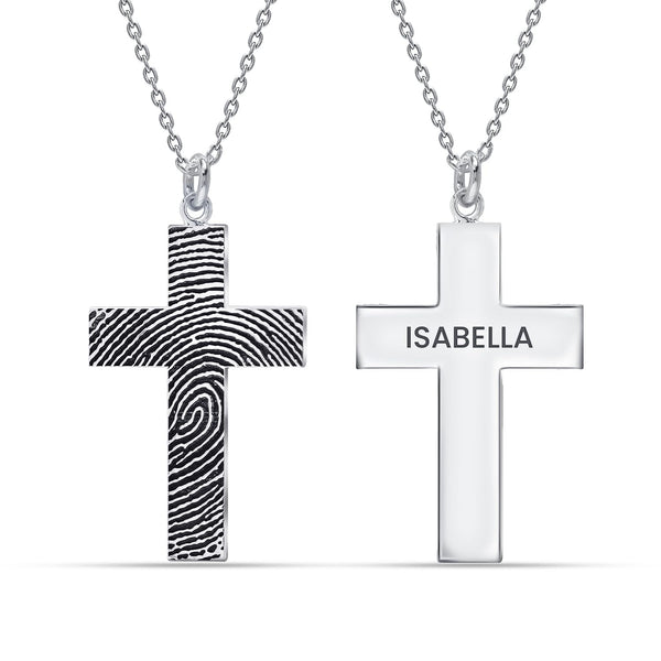 Personalised 925 Sterling Silver Engraved Fingerprint with Name Cross Pendant Necklace for Women