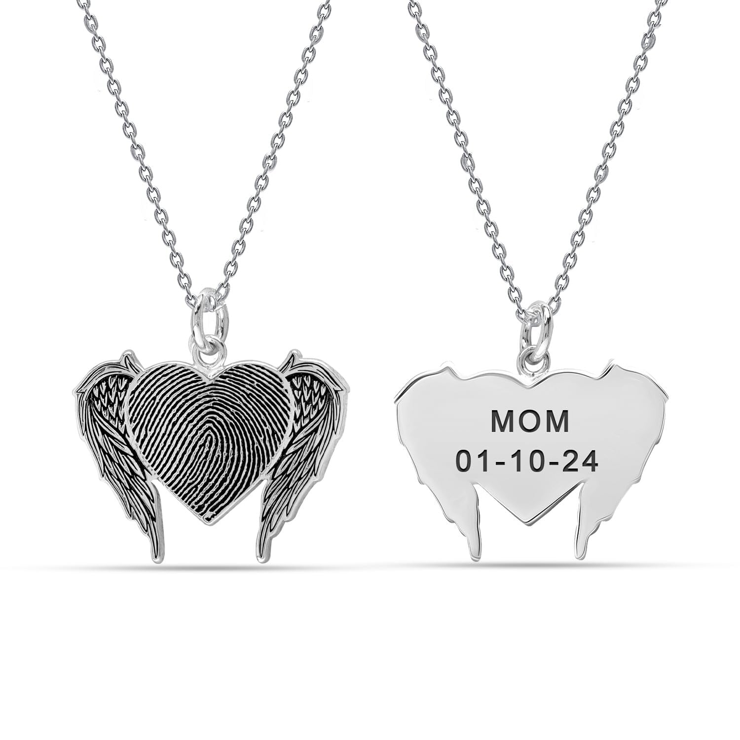 Personalised 925 Sterling Silver Engraved Fingerprint Angel Wing Heart Pendant Necklace for Women