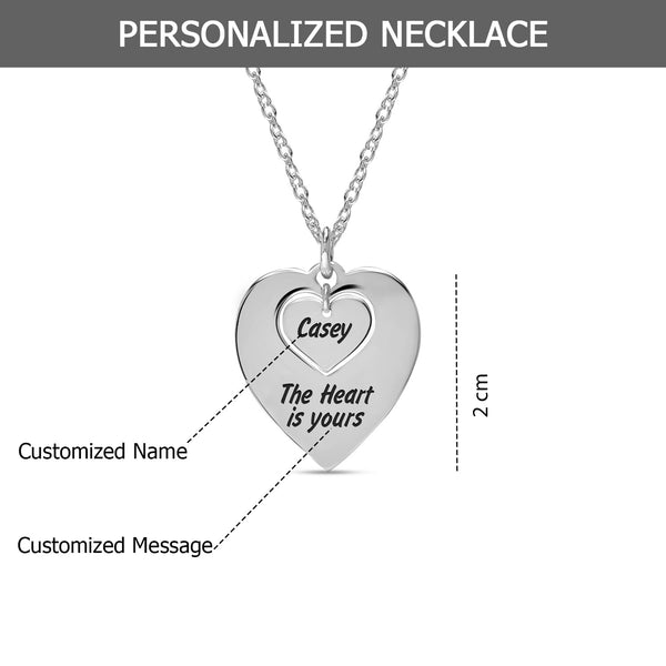 Personalised 925 Sterling Silver Engraved Name and Message Double Heart Pendant Necklace for Women