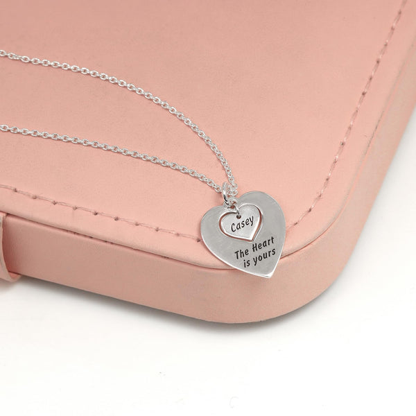 Personalised 925 Sterling Silver Engraved Name and Message Double Heart Pendant Necklace with Personalised Photo & Message BOX for Women