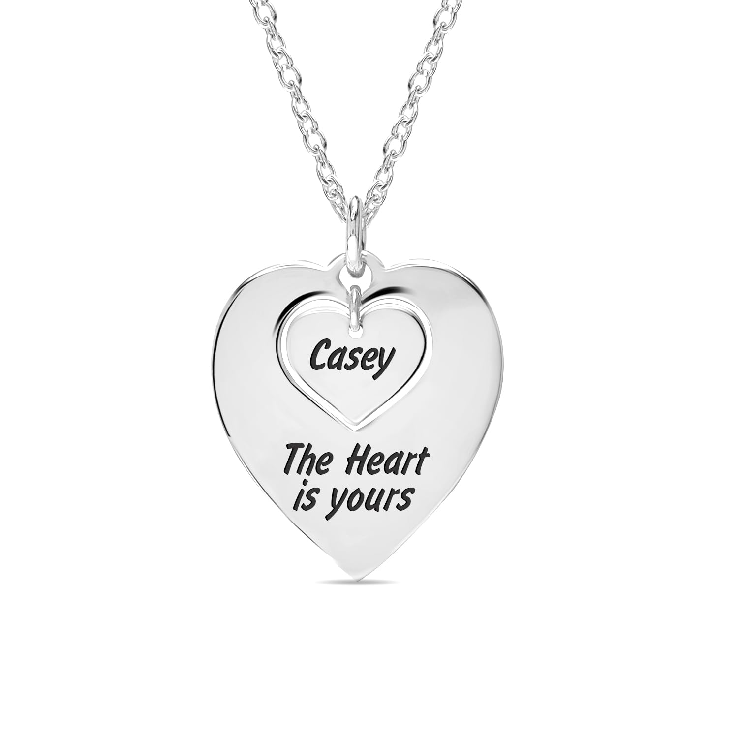 Personalised 925 Sterling Silver Engraved Name and Message Double Heart Pendant Necklace with Personalised Photo & Message BOX for Women