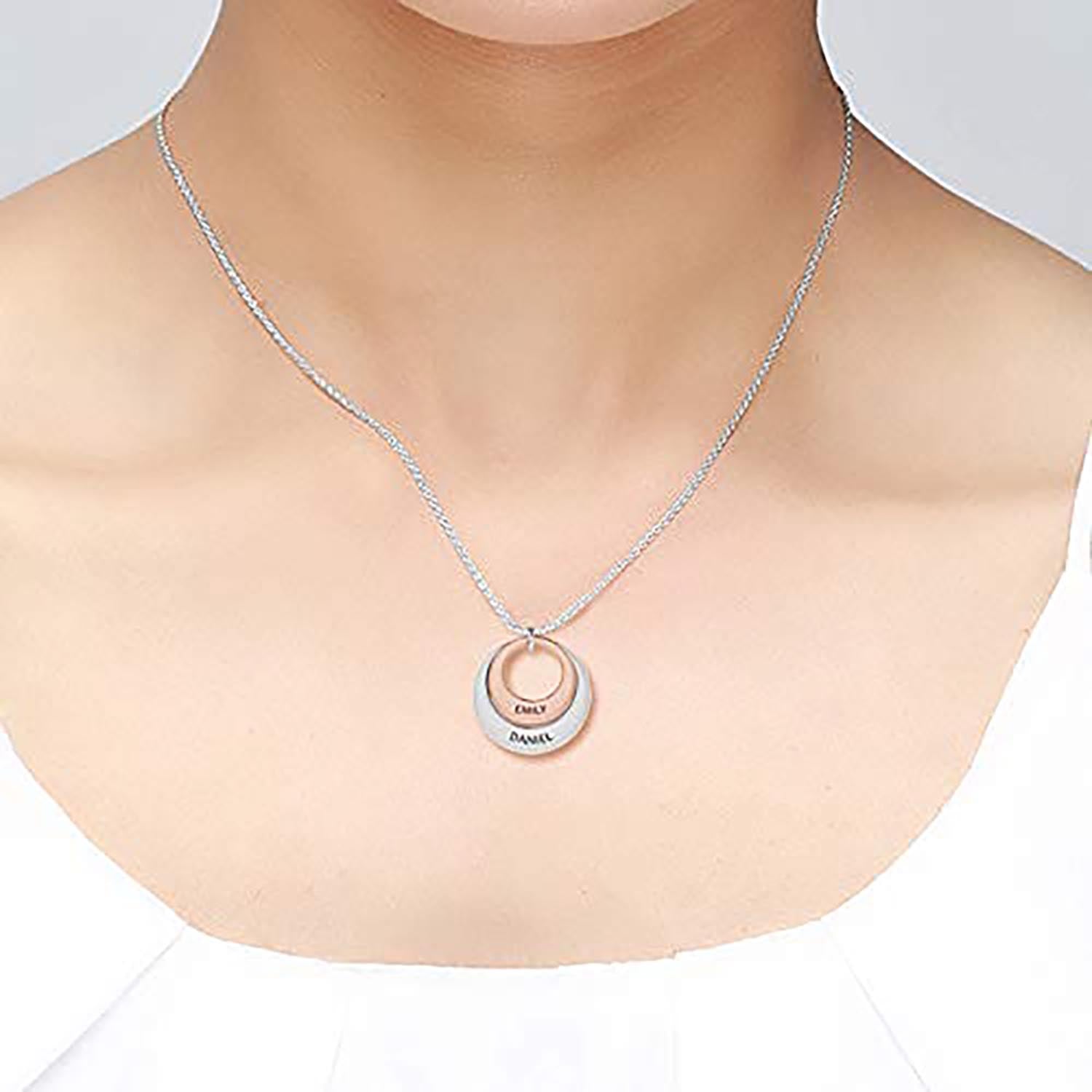 Personalised 925 Sterling Silver Engraved Couple Name Double Ring Pendant Necklace for Women