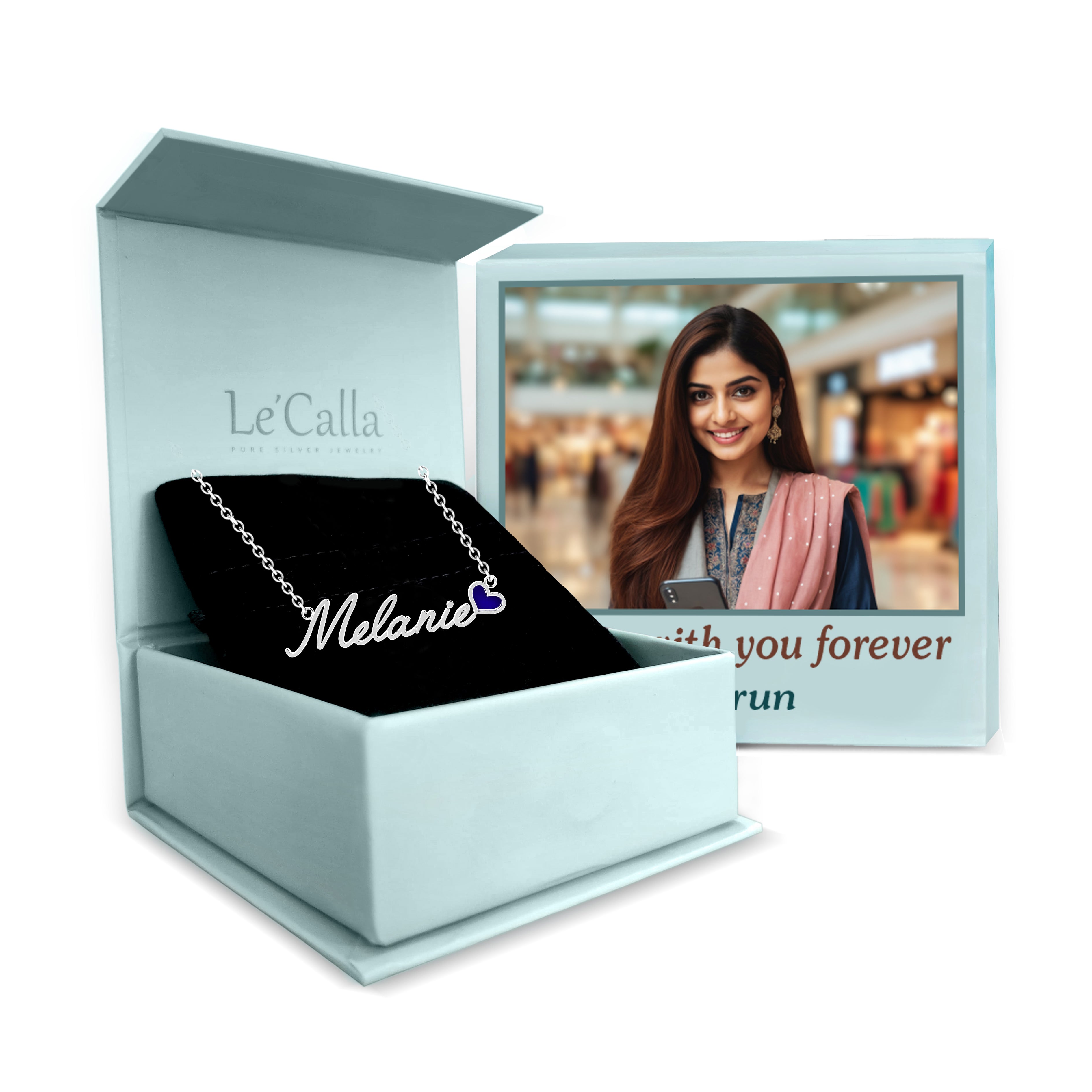 Personalised 925 Sterling Silver Name Heart Necklace with Personalised Photo & Message BOX for Teen Women