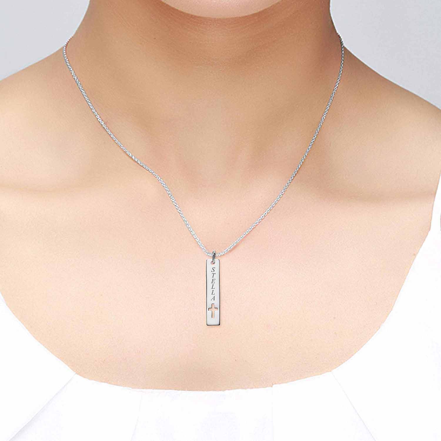 Personalised 925 Sterling Silver Engraved Name Bar with Cross Cut-Out Necklace for Women