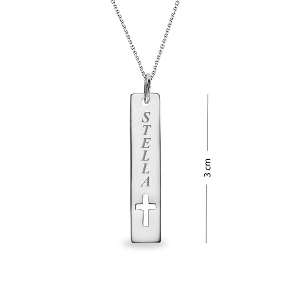 Personalised 925 Sterling Silver Engraved Name Bar with Cross Cut-Out Necklace for Women