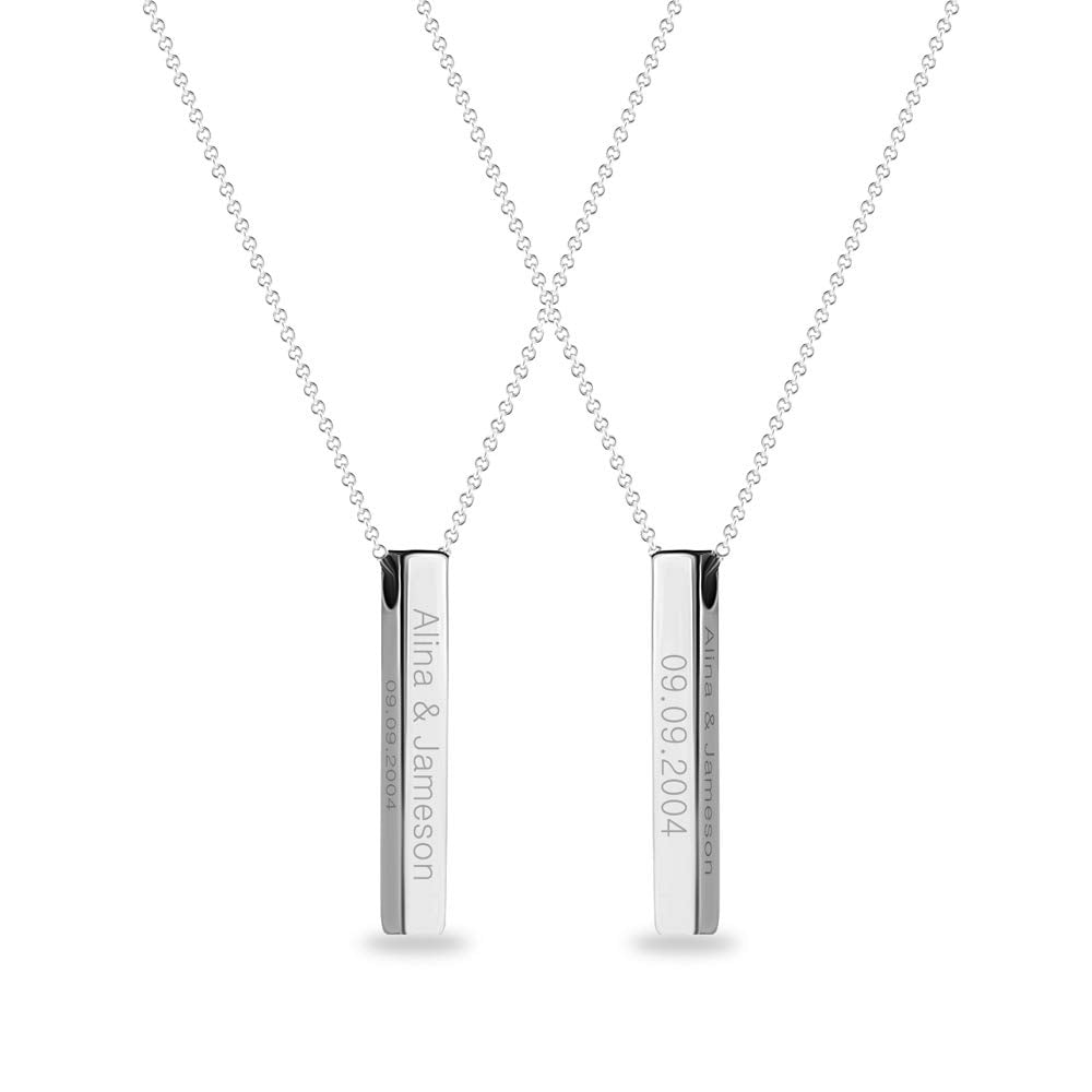 Personalised 925 Sterling Silver Engraved Name, Message, Date, Location, Promise Bar Necklace for Men Women