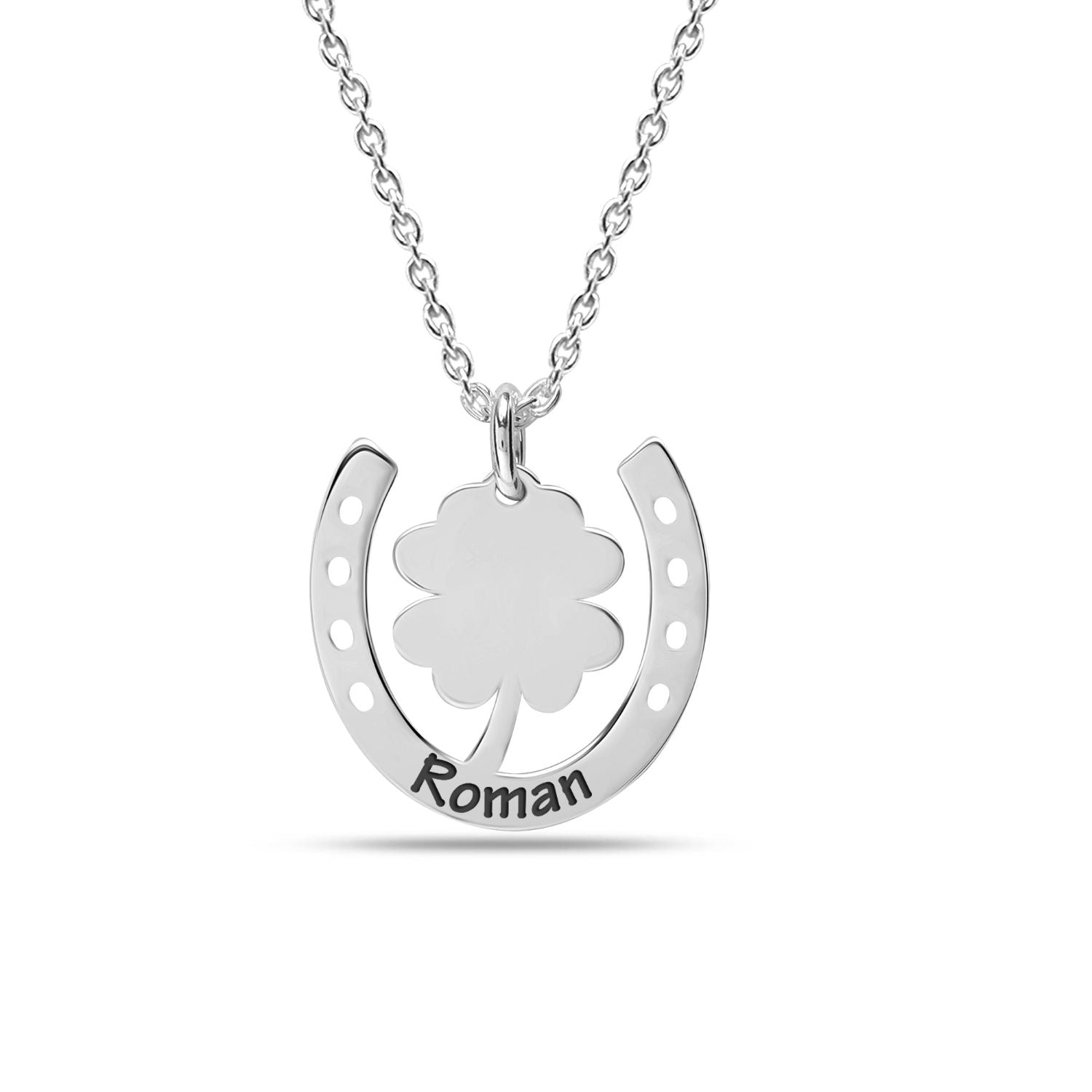 Personalised 925 Sterling Silver Horse Shoe With Clover Name Necklace for Women Teen