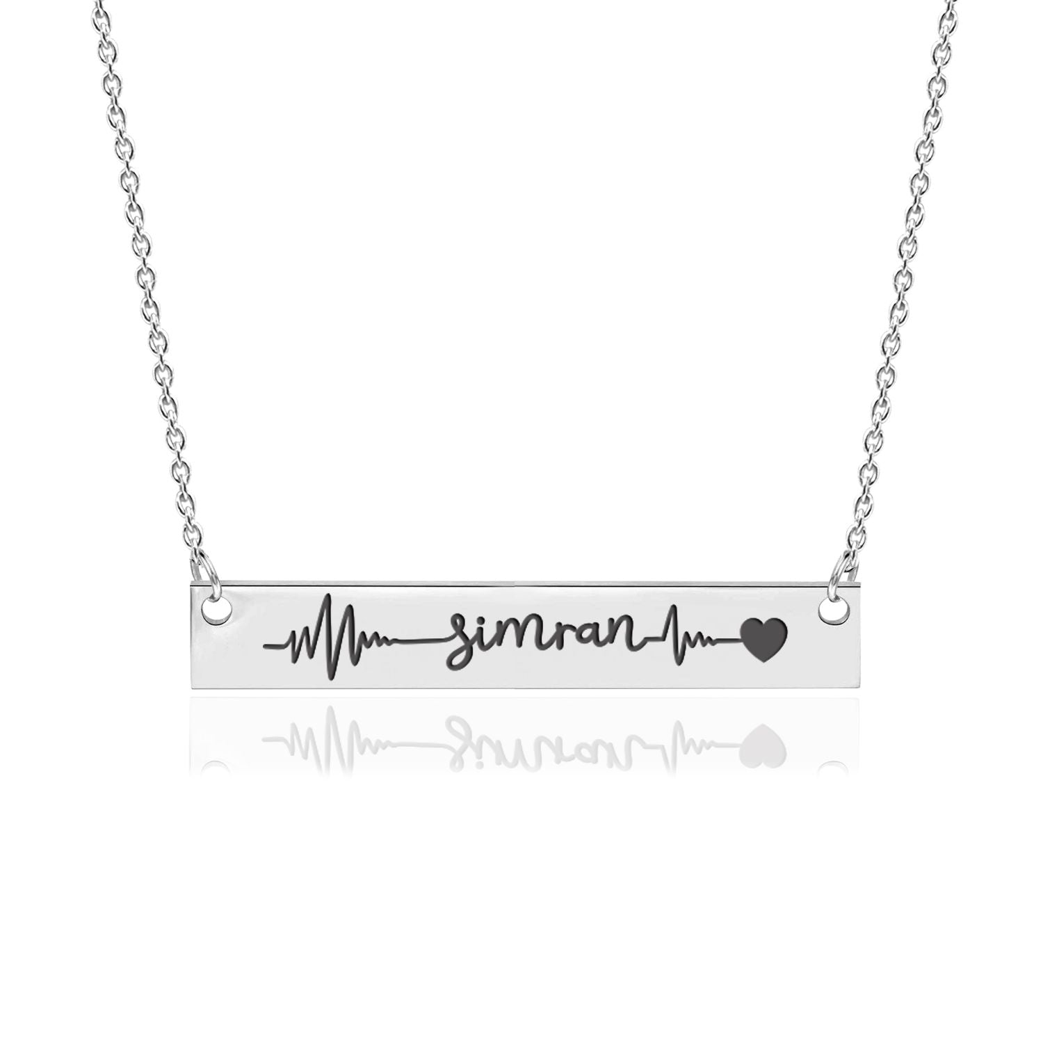 Personalised 925 Sterling Silver Engraved Heart Beat with Name Bar Pendant Necklace for Women Teen